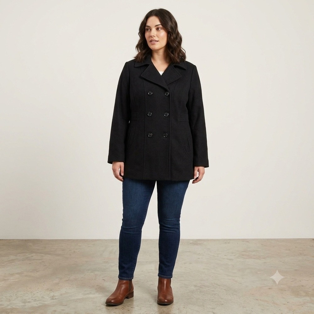 Nautica Pea Coat Women XXL Black Wool Blend Double Breasted Q822945